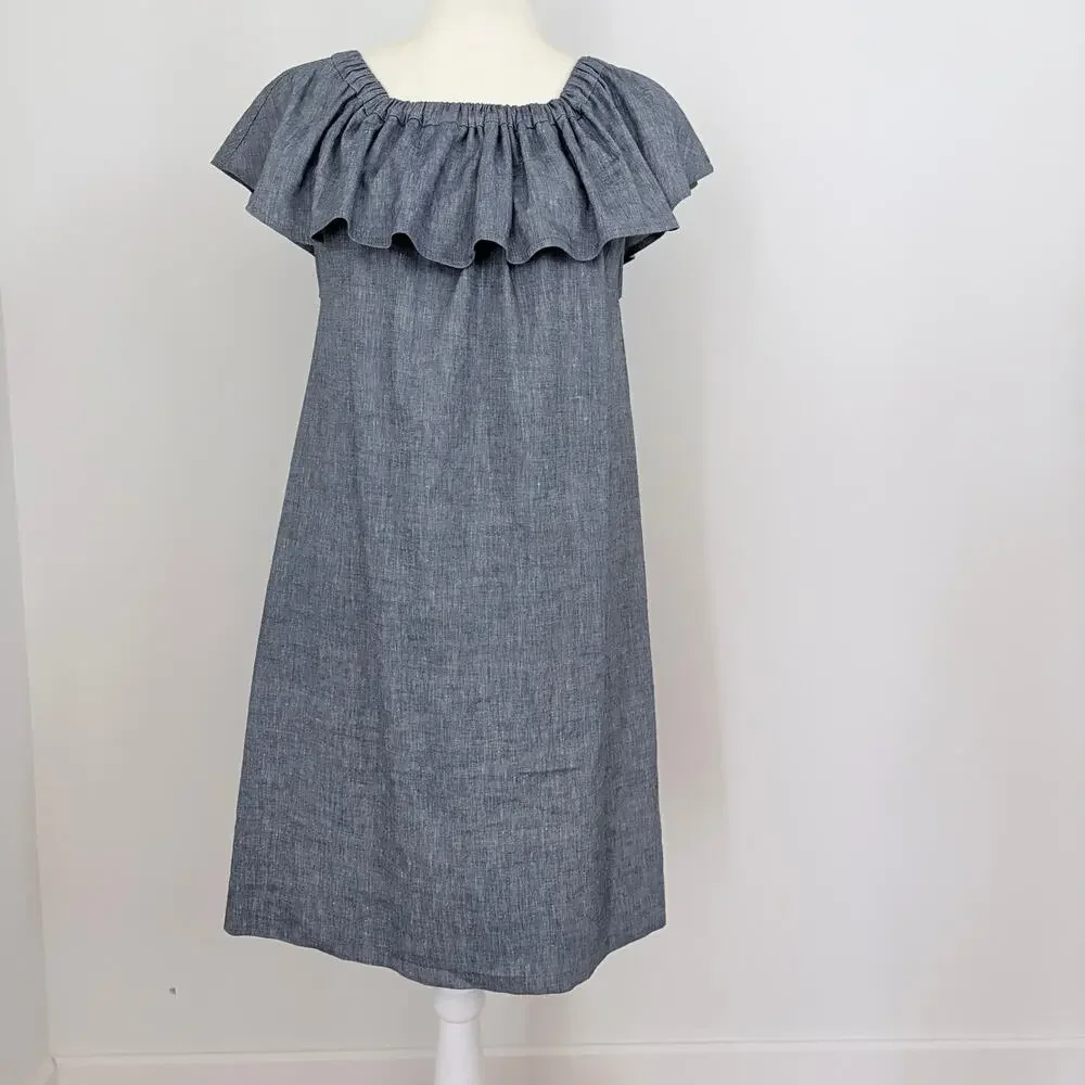 Ann Mashburn Off-The-Shoulder Ruffle Linen Blend Dress Chambray Medium